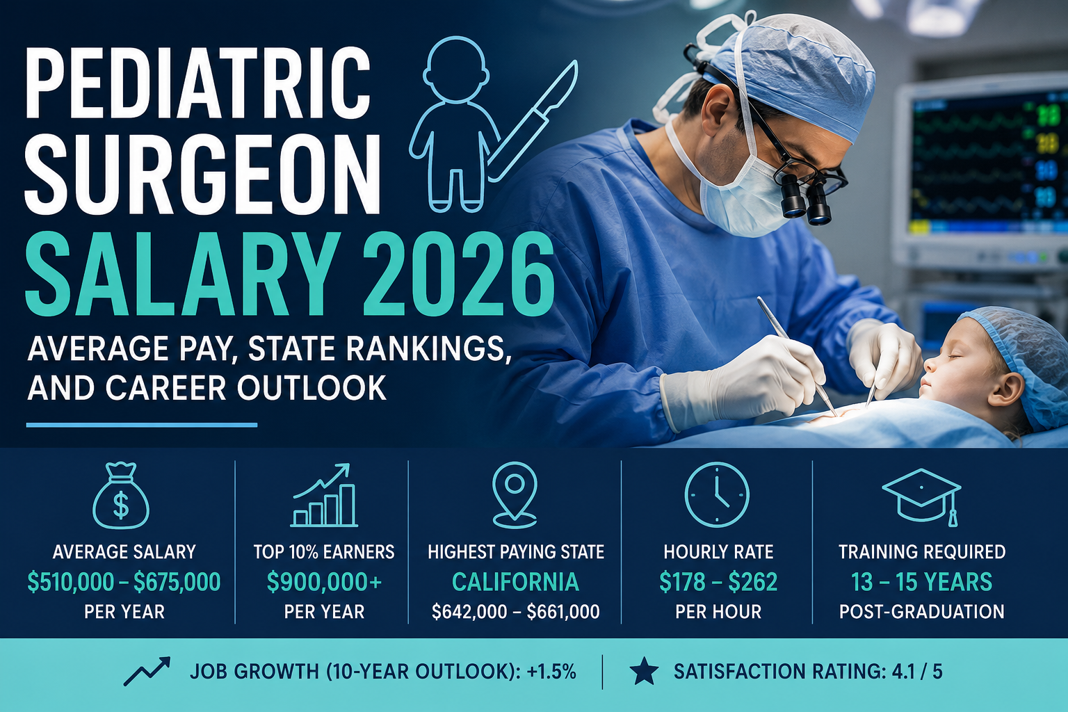 Pediatric surgeon performing surgery with 2026 U.S. salary statistics, average pay, highest-paying states, hourly wage, and career outlook.