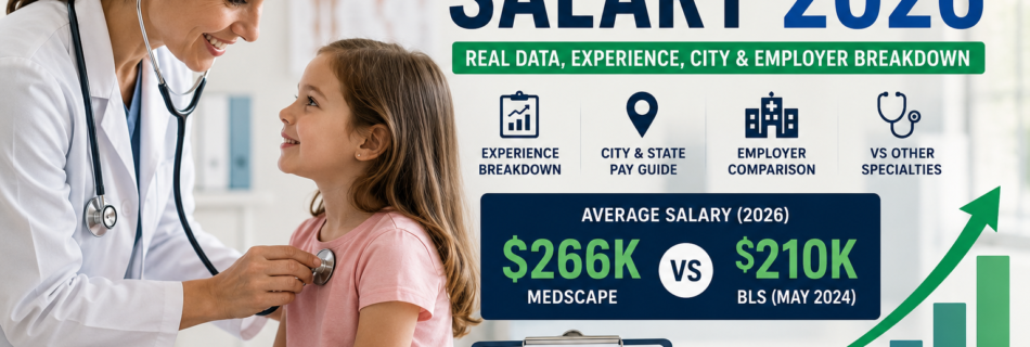 Pediatrician Salary 2026 infographic showing average salary, experience, city, employer, and specialty pay in the United States.