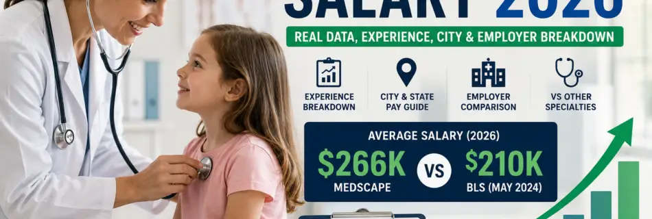 Pediatrician Salary 2026 infographic showing average salary, experience, city, employer, and specialty pay in the United States.