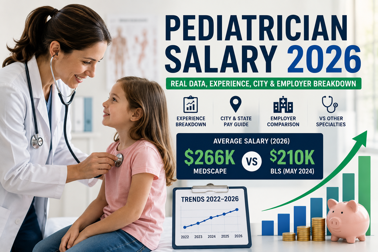 Pediatrician Salary 2026 infographic showing average salary, experience, city, employer, and specialty pay in the United States.