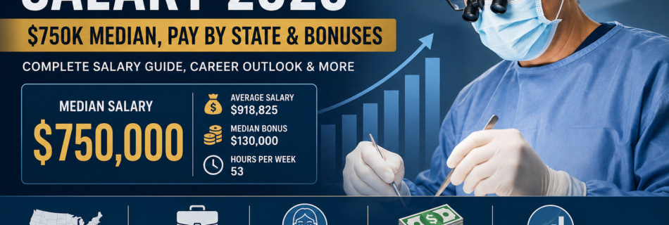 Plastic surgeon salary 2026 showing $750K median salary, bonuses, state pay comparison, and career outlook