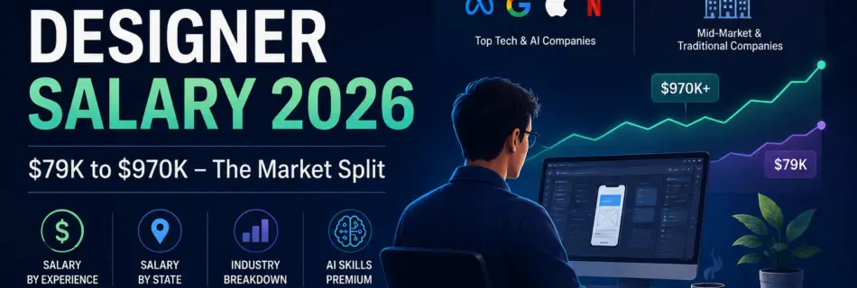 Product Designer Salary 2026 infographic showing U.S. salary ranges, top tech company compensation, AI skills premium, and salary by experience.
