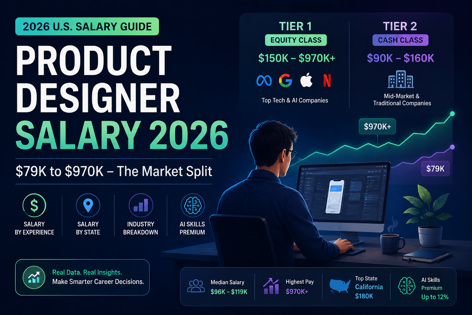 Product Designer Salary 2026 infographic showing U.S. salary ranges, top tech company compensation, AI skills premium, and salary by experience.
