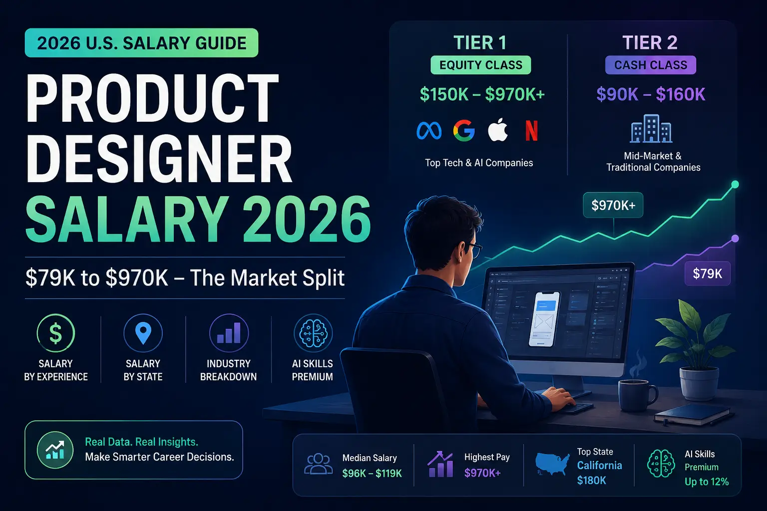 Product Designer Salary 2026 infographic showing U.S. salary ranges, top tech company compensation, AI skills premium, and salary by experience.