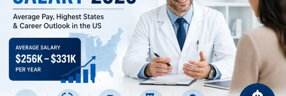 Psychiatrist Salary 2026 infographic showing average US salary, highest-paying states, specialties, experience, employer, and private practice income.