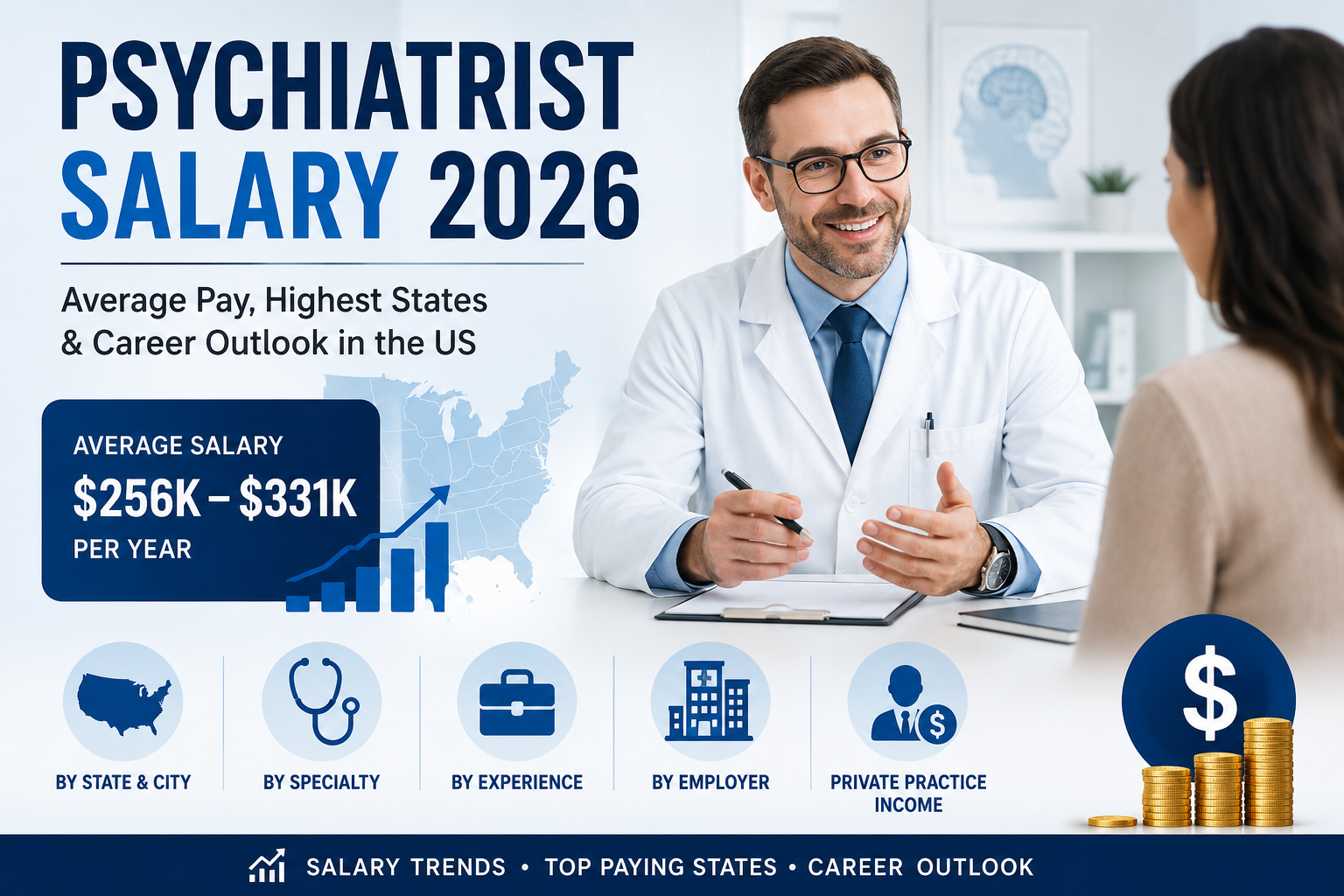 Psychiatrist Salary 2026 infographic showing average US salary, highest-paying states, specialties, experience, employer, and private practice income.