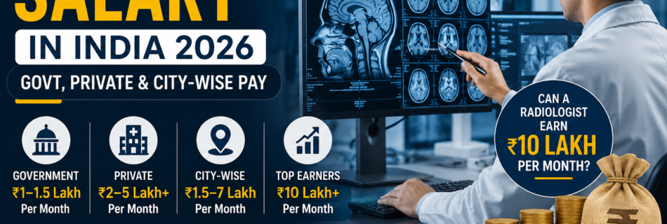 Radiologist salary in India 2026 showing government, private, AIIMS and city-wise pay with top earners reaching ₹10 lakh per month