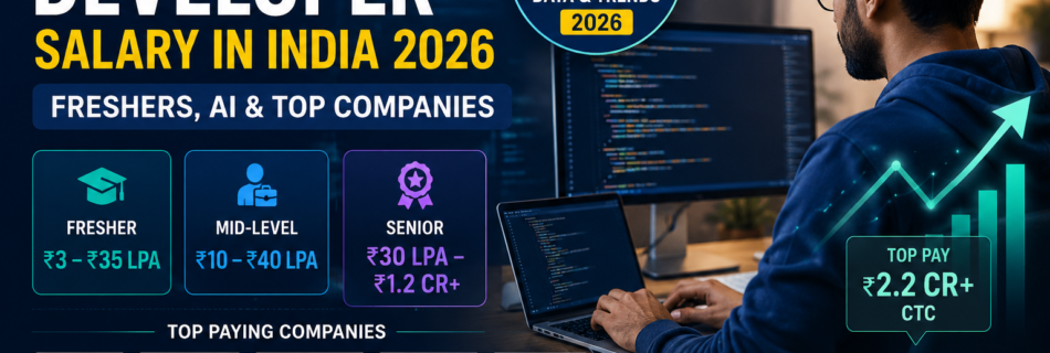 Software Developer Salary in India 2026 showing fresher, mid-level, senior and AI engineer salary trends at top companies like Amazon, Google, Microsoft and Walmart.