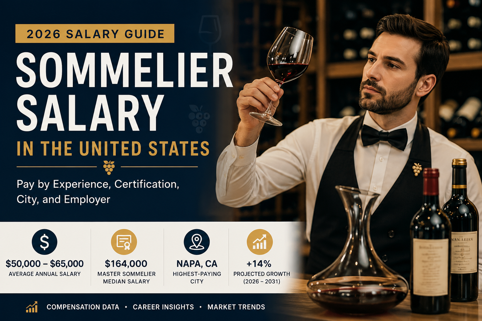 Professional sommelier inspecting a glass of red wine representing the average sommelier salary in the United States for 2026.