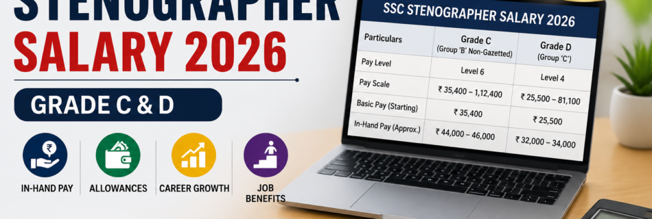 SSC Stenographer Salary 2026 showing Grade C and Grade D in-hand salary, pay scale, allowances, and career growth details.