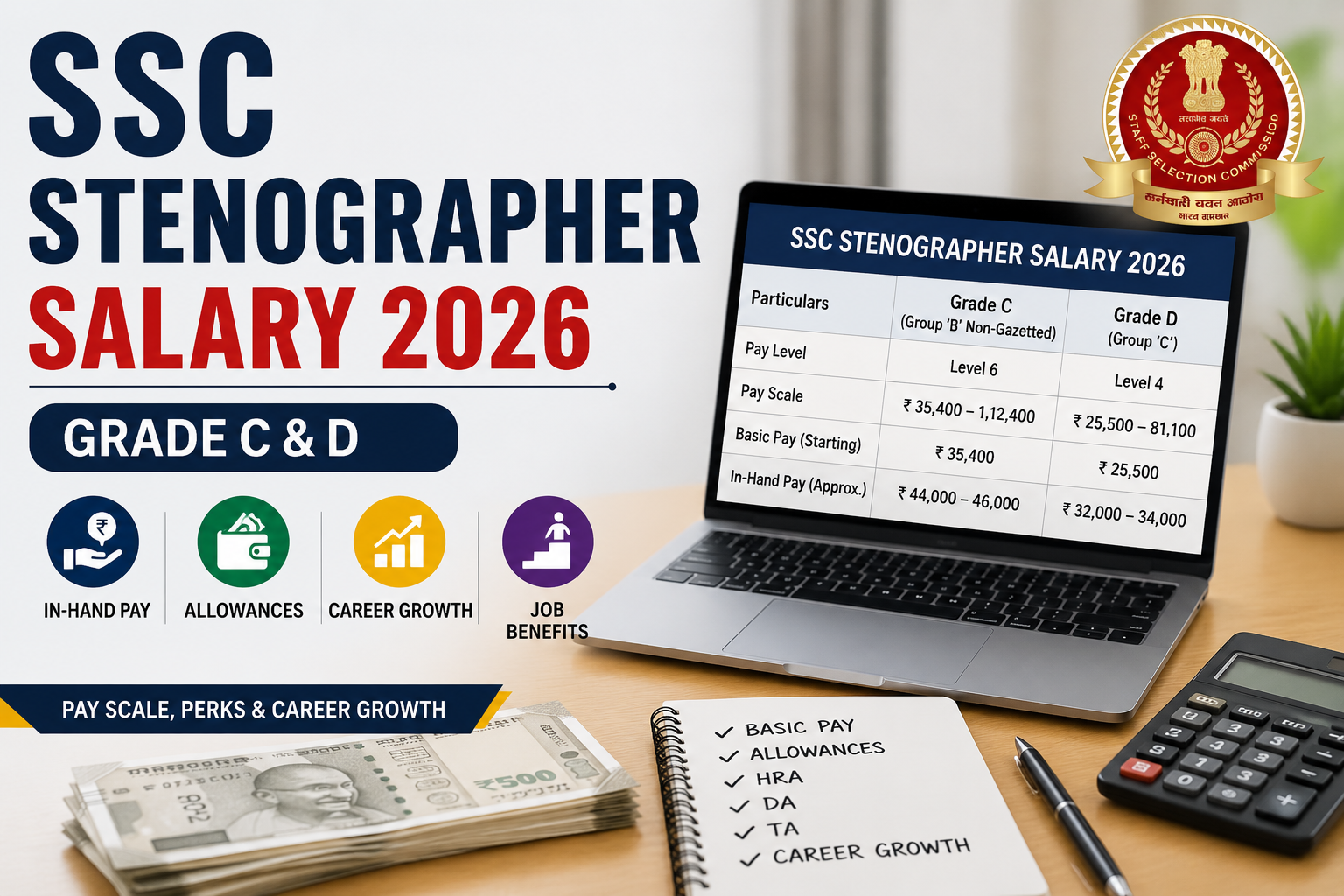SSC Stenographer Salary 2026 showing Grade C and Grade D in-hand salary, pay scale, allowances, and career growth details.