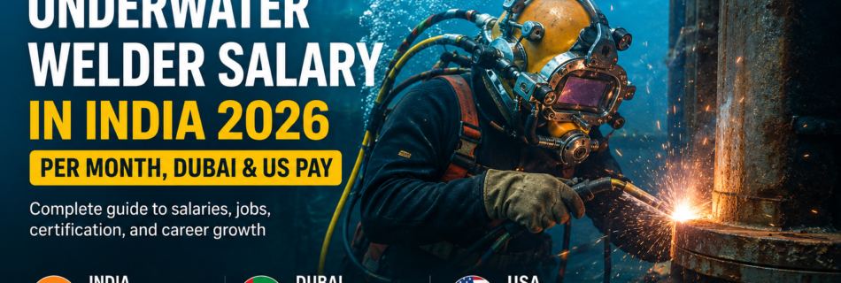 Underwater welder repairing an offshore structure with salary comparison for India, Dubai, and the United States in 2026