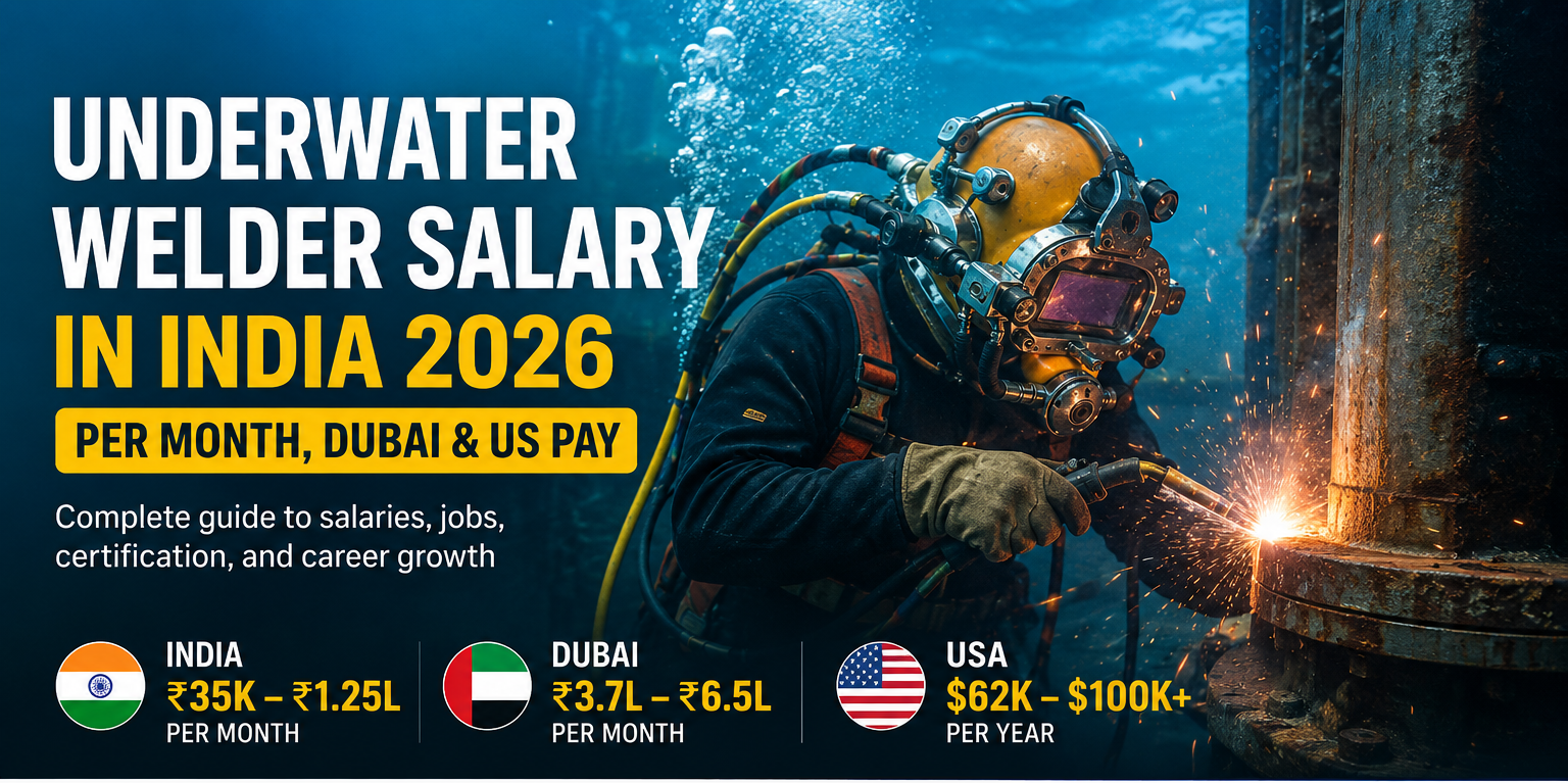 Underwater welder repairing an offshore structure with salary comparison for India, Dubai, and the United States in 2026