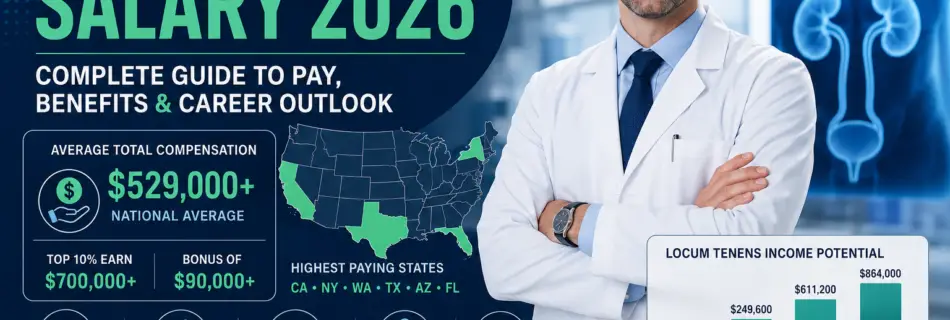 Urologist Salary 2026 infographic showing average salary, hourly pay, highest-paying states, bonuses, and career outlook