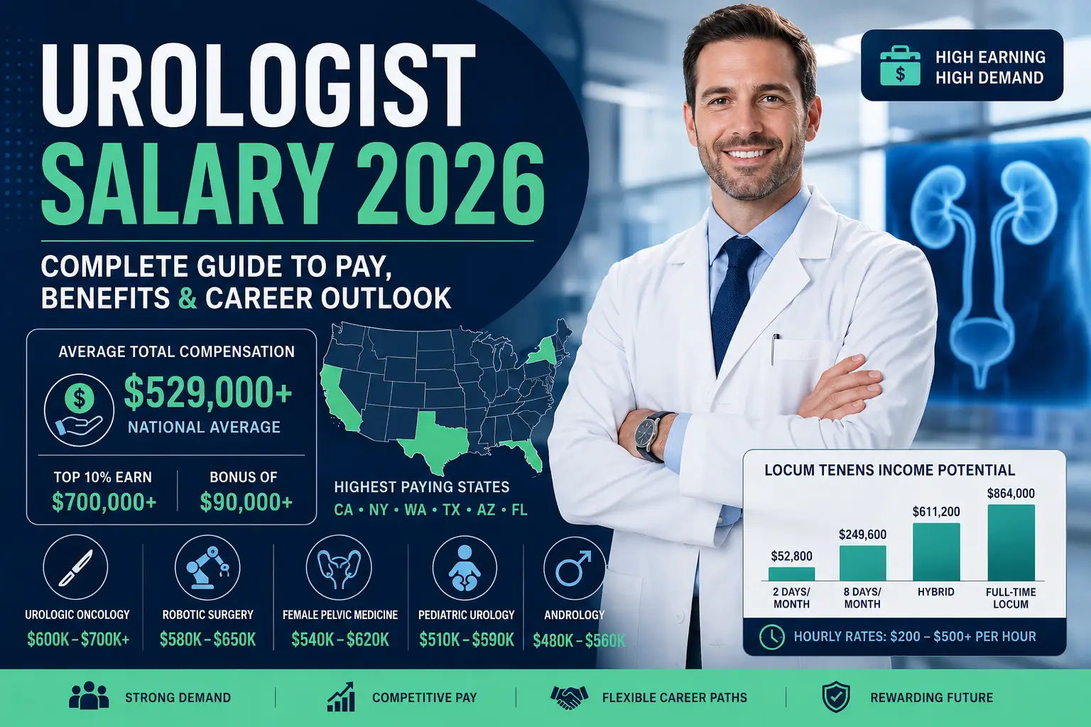 Urologist Salary 2026 infographic showing average salary, hourly pay, highest-paying states, bonuses, and career outlook