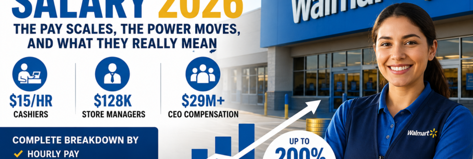Walmart Salary 2026 showing cashier hourly pay, store manager salary, CEO compensation, and bonus structure in the United States.