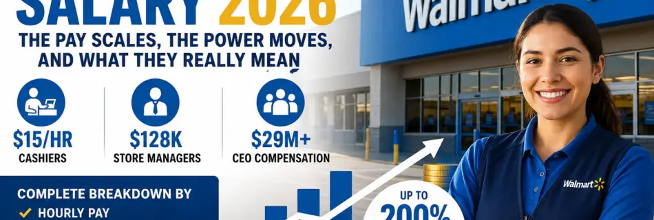 Walmart Salary 2026 showing cashier hourly pay, store manager salary, CEO compensation, and bonus structure in the United States.