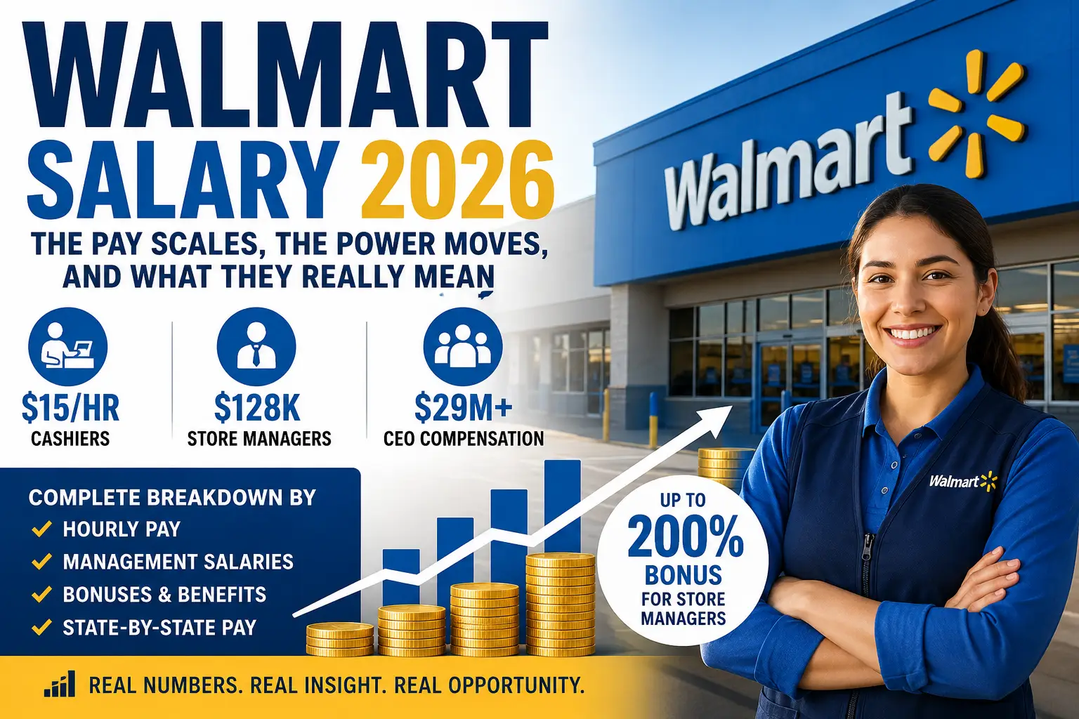 Walmart Salary 2026 showing cashier hourly pay, store manager salary, CEO compensation, and bonus structure in the United States.