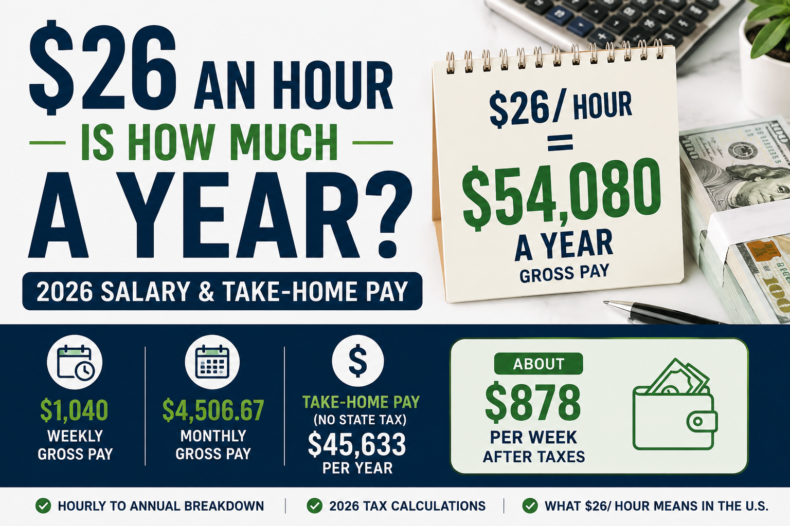 26 hourly to salary 2026 showing $26 an hour equals $54,080 per year with weekly, monthly, and take-home pay breakdown