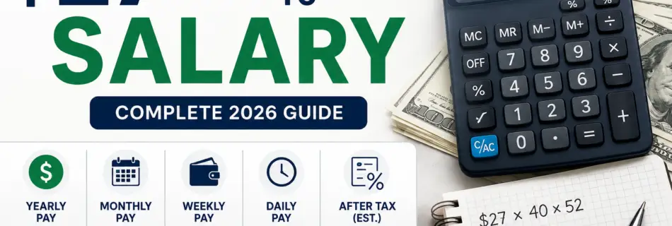 27 hourly to salary calculator showing annual, monthly, weekly, daily, and after-tax pay for $27 an hour in 2026