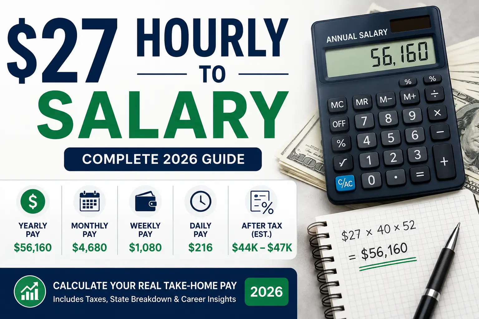 27 hourly to salary calculator showing annual, monthly, weekly, daily, and after-tax pay for $27 an hour in 2026