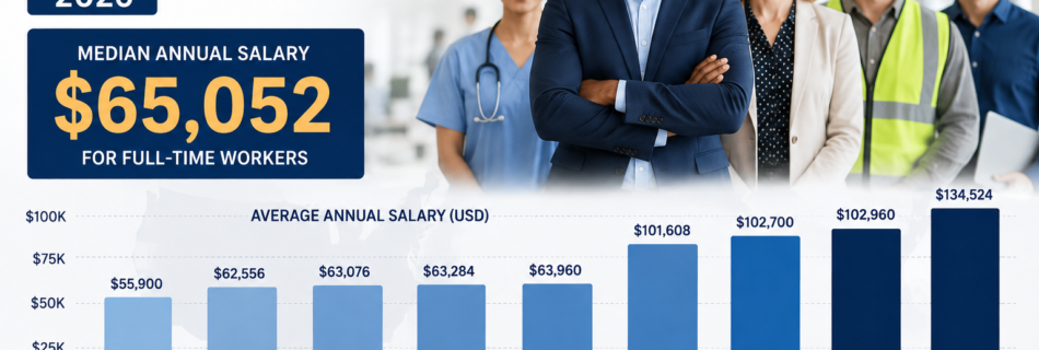 Average Salary in the US 2026 infographic showing median annual salary, state-by-state wages, and BLS salary data.