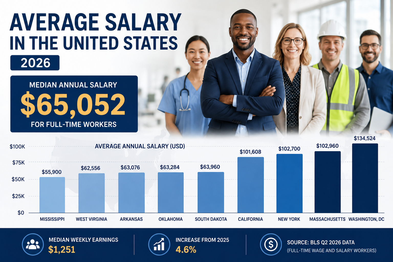Average Salary in the US 2026 infographic showing median annual salary, state-by-state wages, and BLS salary data.