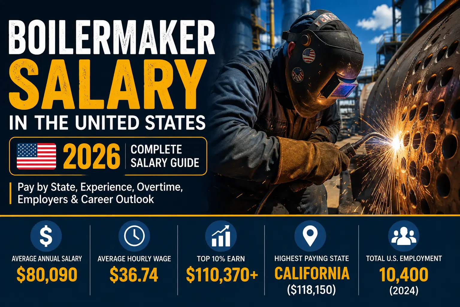 Boilermaker Salary guide showing a professional boilermaker welding inside an industrial boiler in the United States.