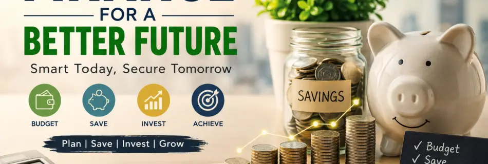 Finance for a Better Future illustration showing budgeting, saving, investing, emergency fund, financial planning, calculator, piggy bank, and growing wealth.