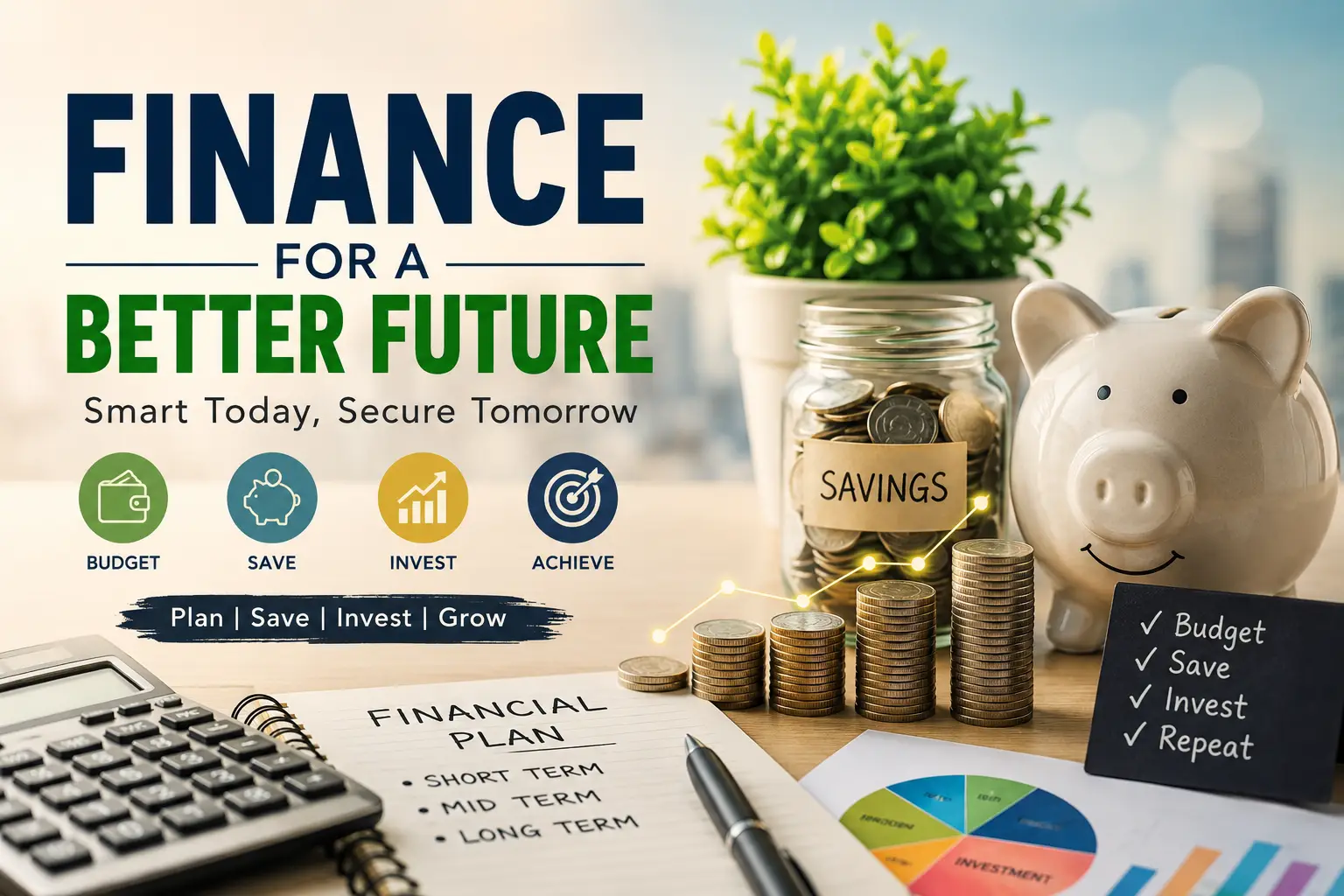 Finance for a Better Future illustration showing budgeting, saving, investing, emergency fund, financial planning, calculator, piggy bank, and growing wealth.