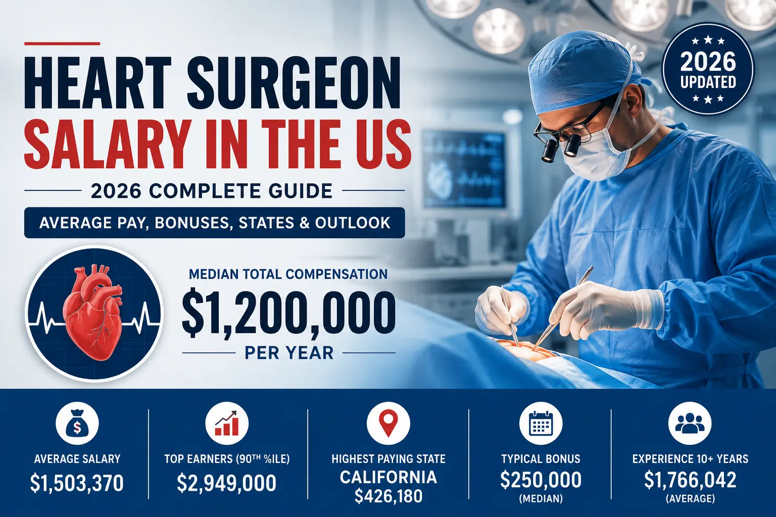 Heart Surgeon Salary in the US 2026 – cardiothoracic surgeon performing heart surgery in a modern operating room