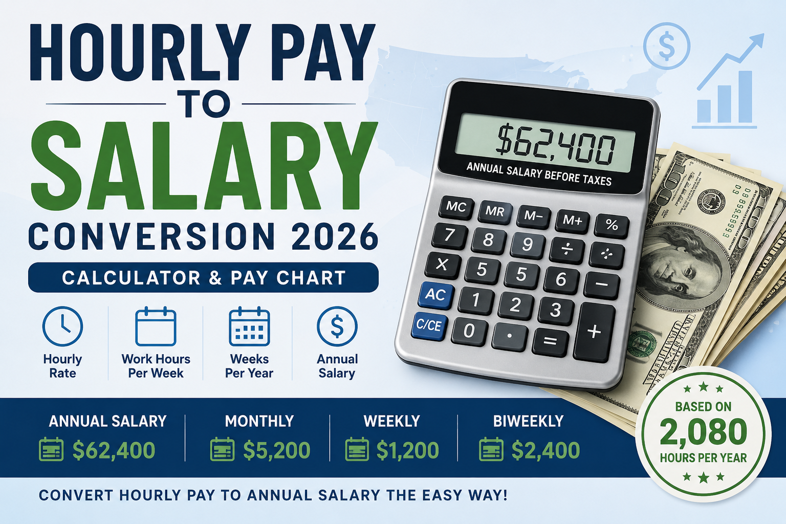 Hourly pay to salary calculator 2026 showing annual salary conversion