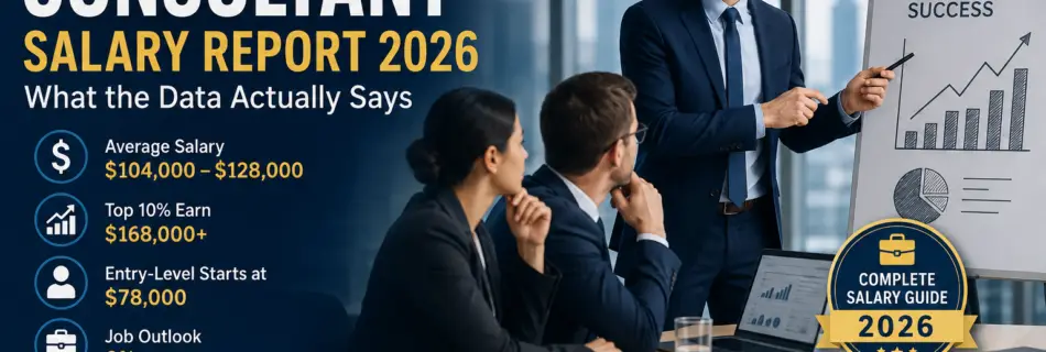 Management Consultant Salary 2026 infographic showing average salary, career growth, top employers, and compensation trends in the United States.