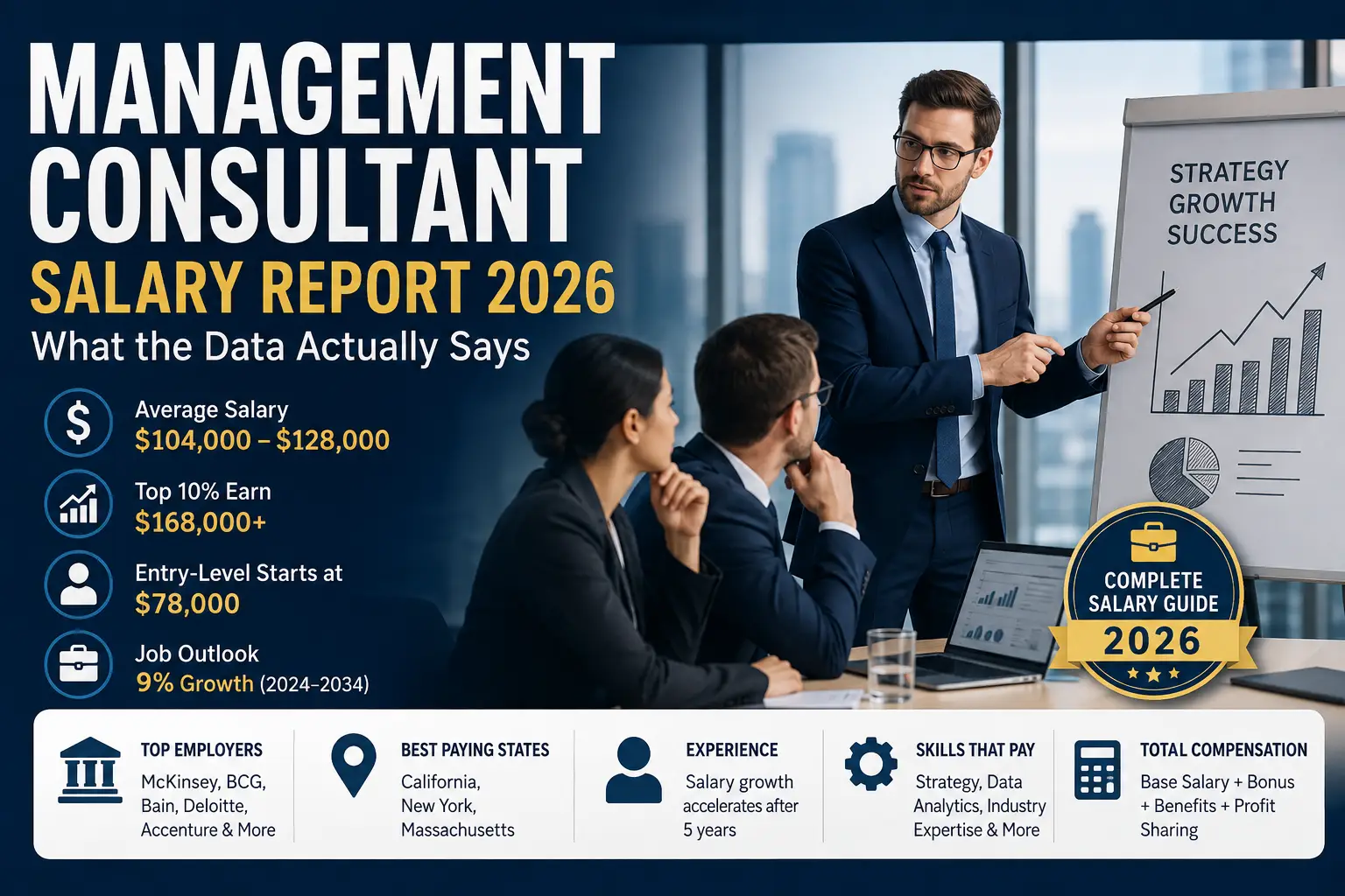 Management Consultant Salary 2026 infographic showing average salary, career growth, top employers, and compensation trends in the United States.