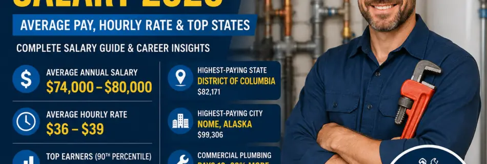 Master plumber salary 2026 infographic showing average annual salary, hourly pay, top-paying states, and career outlook in the United States