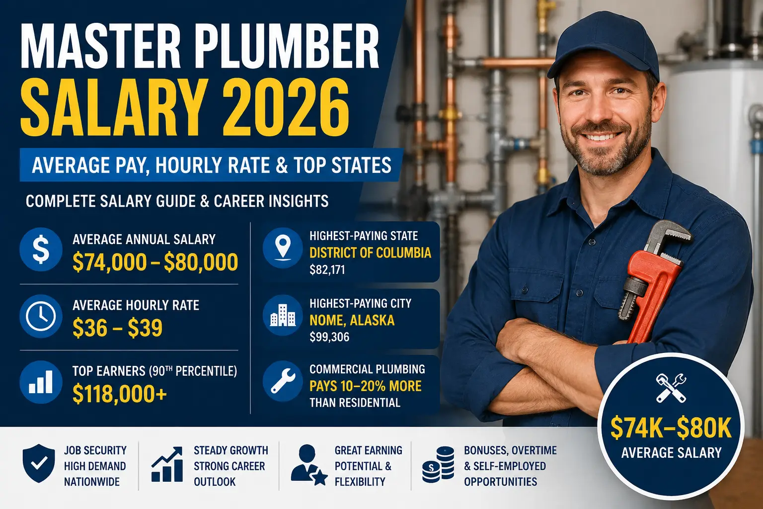 Master plumber salary 2026 infographic showing average annual salary, hourly pay, top-paying states, and career outlook in the United States