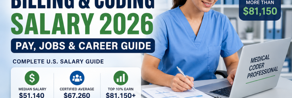 Medical billing and coding salary in the USA 2026 showing median, certified, and top 10% salaries