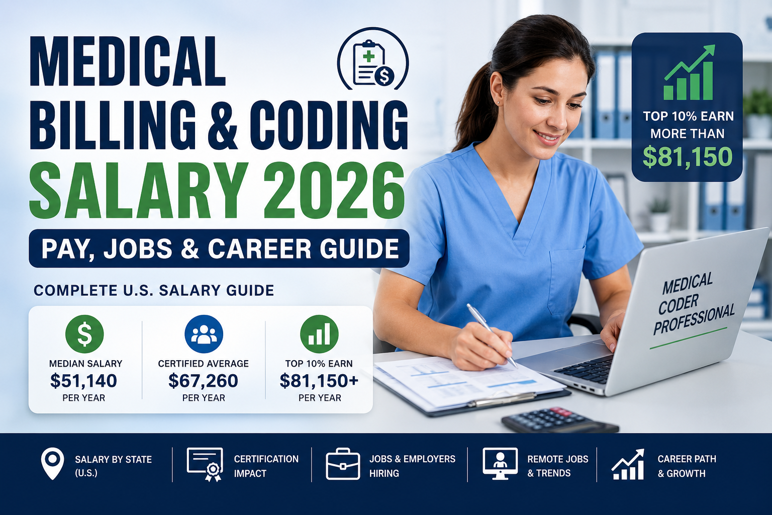 Medical billing and coding salary in the USA 2026 showing median, certified, and top 10% salaries