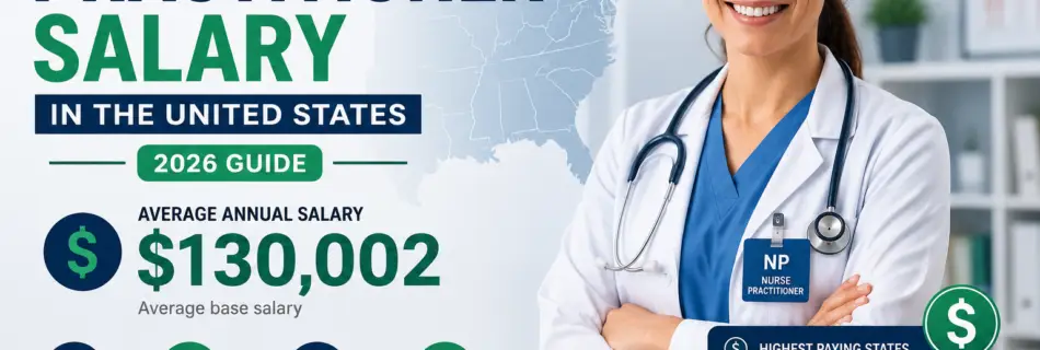 Nurse Practitioner Salary in the United States 2026 showing average annual salary, state salary comparison, specialties, and career outlook