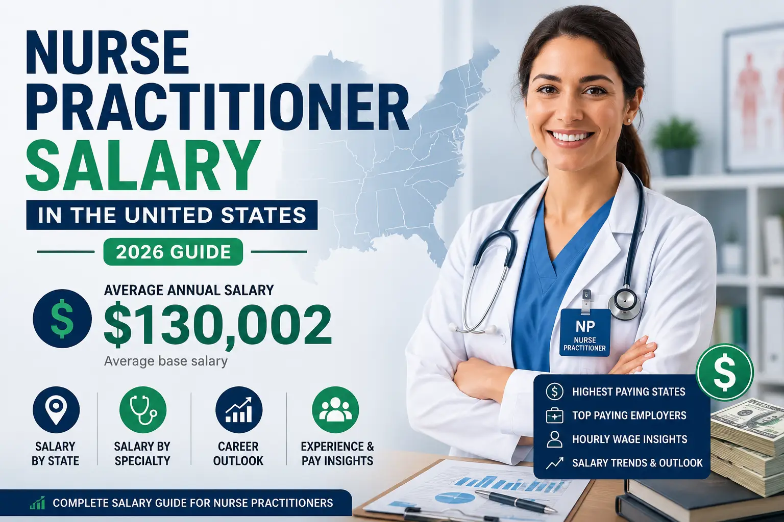 Nurse Practitioner Salary in the United States 2026 showing average annual salary, state salary comparison, specialties, and career outlook