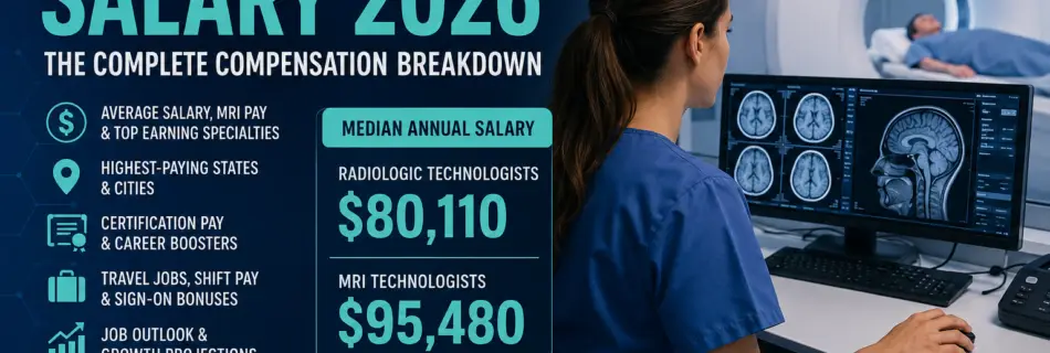 Radiology tech salary 2026 infographic showing average salary, MRI technologist pay, top-paying states, career outlook, and salary trends.