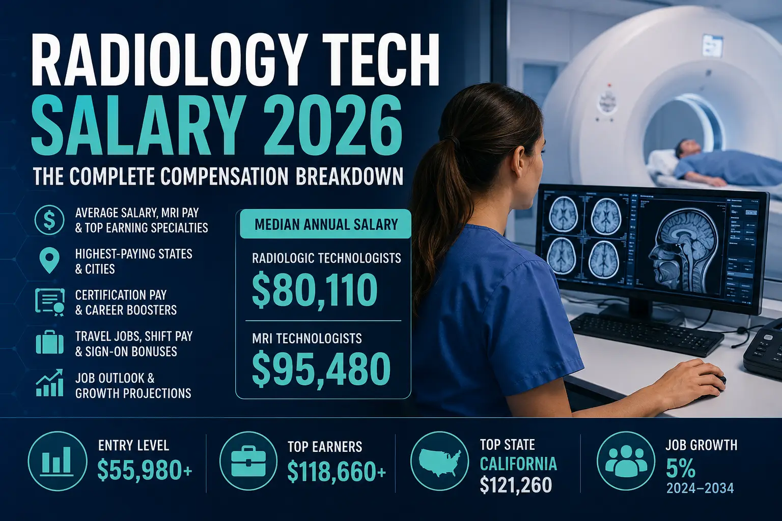 Radiology tech salary 2026 infographic showing average salary, MRI technologist pay, top-paying states, career outlook, and salary trends.