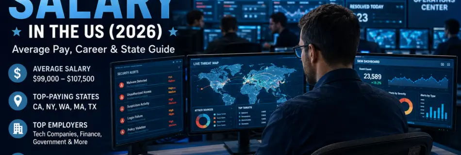 SOC Analyst Salary guide showing a cybersecurity analyst monitoring security dashboards in a modern security operations center in the US.