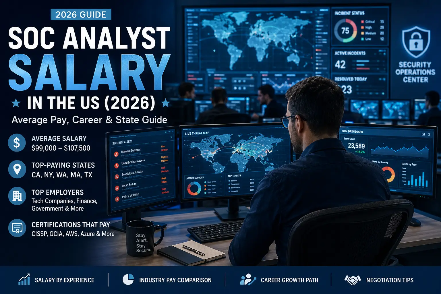 SOC Analyst Salary guide showing a cybersecurity analyst monitoring security dashboards in a modern security operations center in the US.