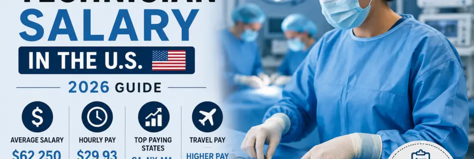 Surgical tech salary in the U.S. 2026 guide showing average pay, hourly wage, top-paying states, travel salary, and career outlook