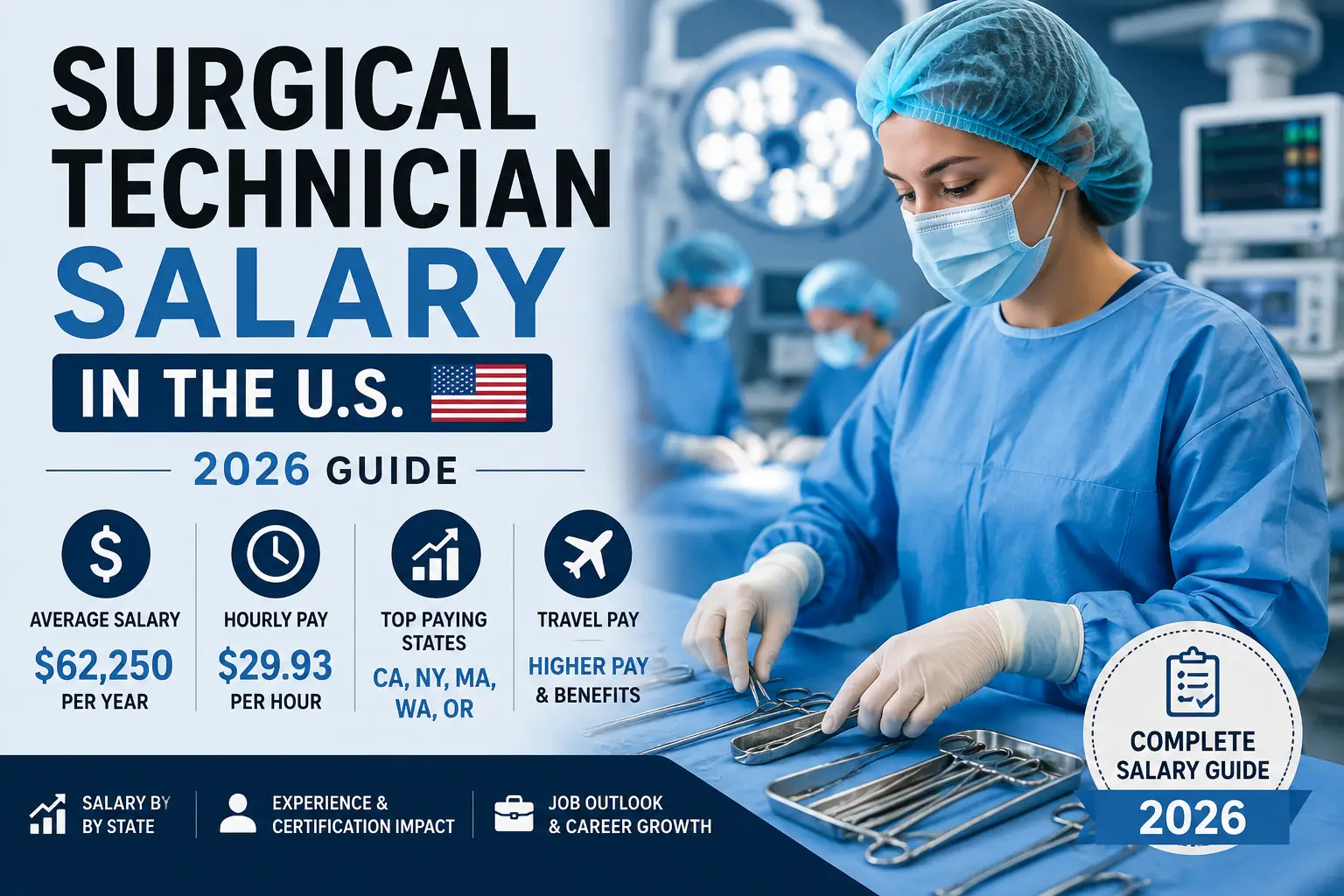 Surgical tech salary in the U.S. 2026 guide showing average pay, hourly wage, top-paying states, travel salary, and career outlook